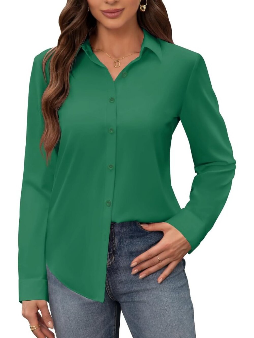 Women's Green Stain Shield Dress Long Sleeve Button Down Wrinkle Free Shirt